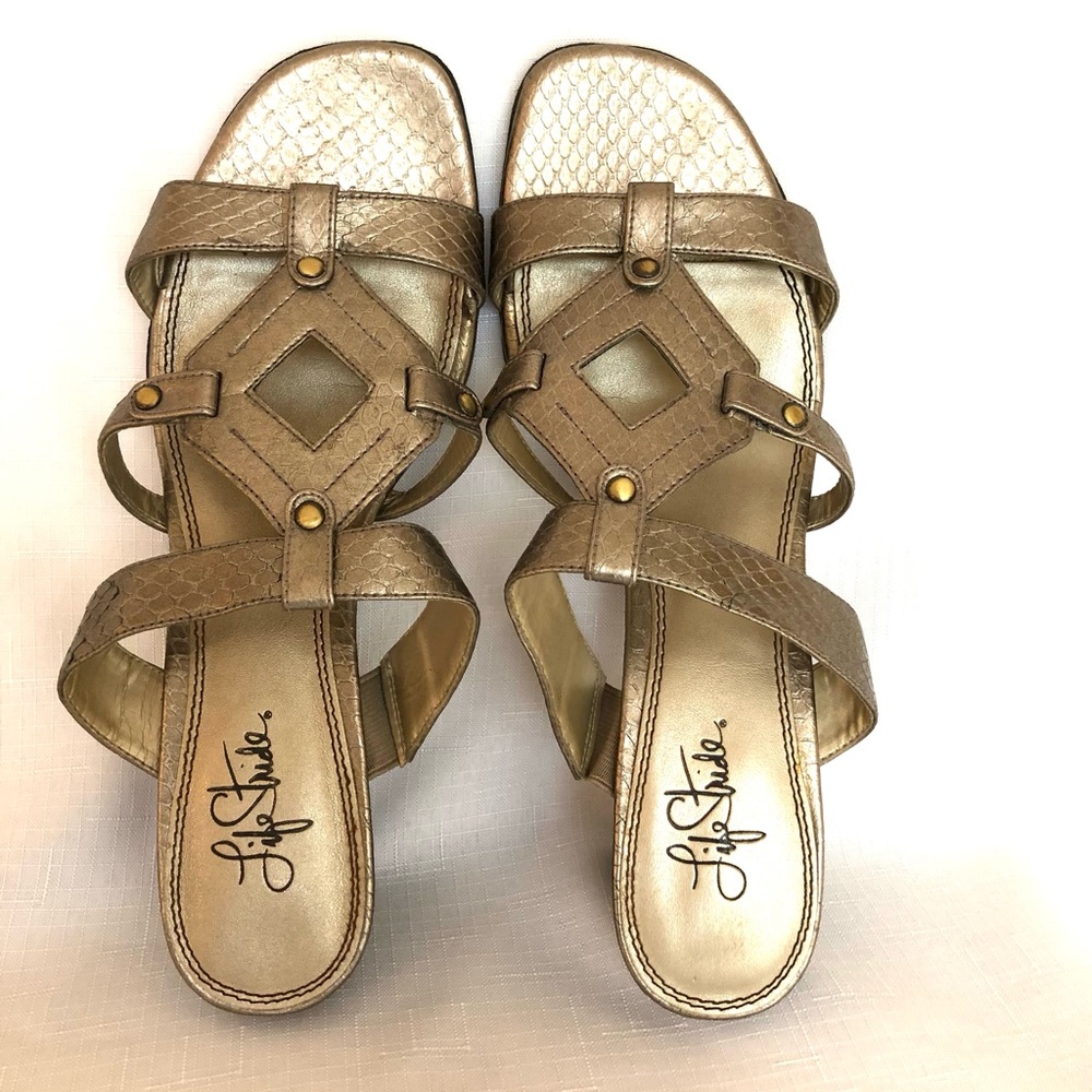 Lifestride  Life Stride ~silver/gold Sandals Slide on Snakeskin Pattern ~ Size 9